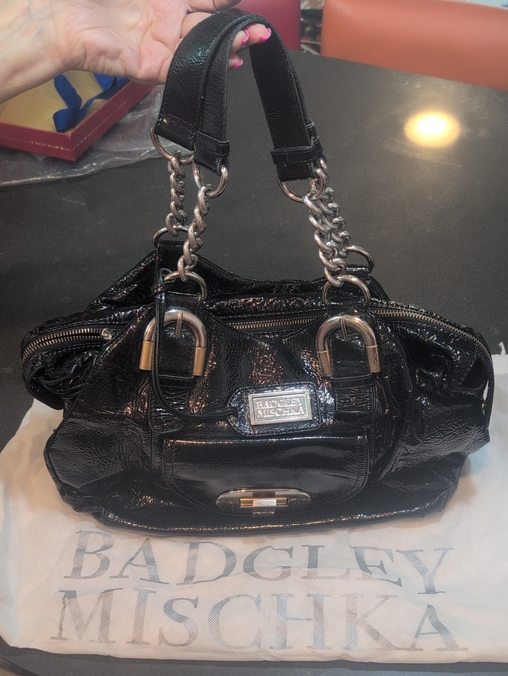 Badgley Mischka Black Patent Chain-Handle Satchel with Silver Hardware